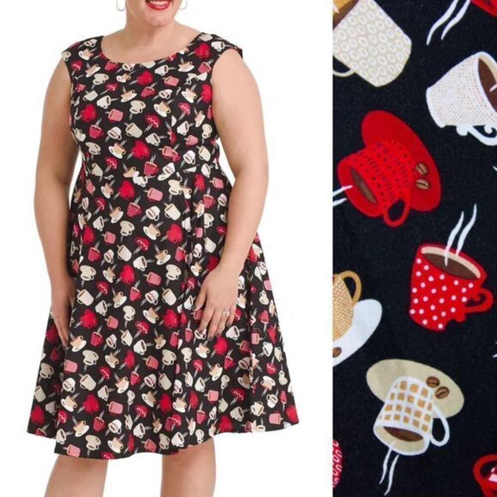 Plus-Size Sleeveless Midi Dress in Black with Red & Cream Coffee Cup Print